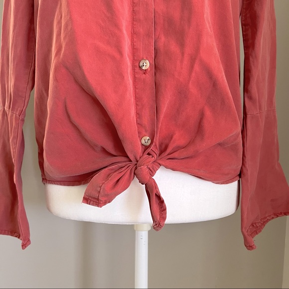 Button Down Coral Blouse with waist Tie and Bell/flare Sleeves - Picture 3 of 11